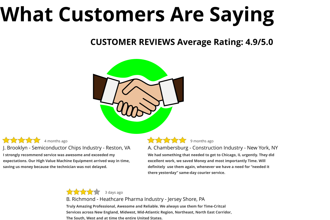 What Customers Are Saying                           CUSTOMER REVIEWS Average Rating: 4.9/5.0 J. Brooklyn - Semiconductor Chips Industry - Reston, VA I strongly recommend service was awesome and exceeded my expectations. Our High Value Machine Equipment arrived way in time, saving us money because the technician was not delayed. 4 months ago A. Chambersburg - Construction Industry - New York, NY We had something that needed to get to Chicago, IL urgently. They did excellent work, we saved Money and most importantly Time. Will definitely  use them again, whenever we have a need for “needed it there yesterday” same-day courier service.  9 months ago B. Richmond - Heathcare Pharma Industry - Jersey Shore, PA Truly Amazing Professional, Awesome and Reliable. We always use them for Time-Critcal Services across New England, Midwest, Mid-Atlantic Region, Northeast, North East Corridor, The South, West and at time the entire United States. 3 days ago