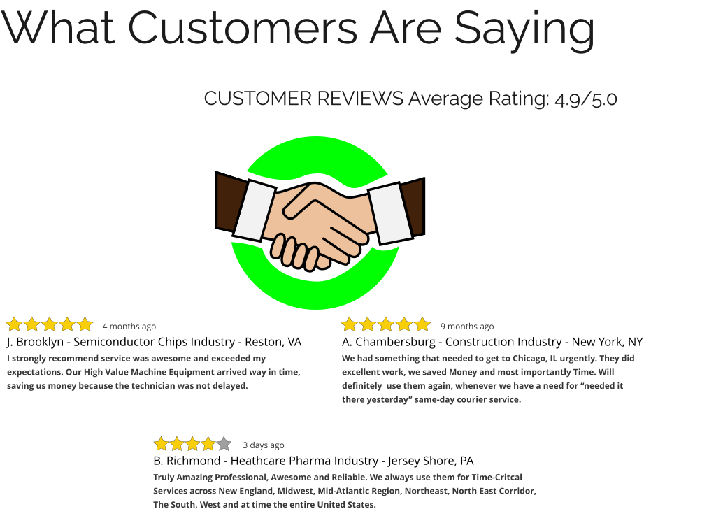 What Customers Are Saying                           CUSTOMER REVIEWS Average Rating: 4.9/5.0 J. Brooklyn - Semiconductor Chips Industry - Reston, VA I strongly recommend service was awesome and exceeded my expectations. Our High Value Machine Equipment arrived way in time, saving us money because the technician was not delayed. 4 months ago A. Chambersburg - Construction Industry - New York, NY We had something that needed to get to Chicago, IL urgently. They did excellent work, we saved Money and most importantly Time. Will definitely  use them again, whenever we have a need for “needed it there yesterday” same-day courier service.  9 months ago B. Richmond - Heathcare Pharma Industry - Jersey Shore, PA Truly Amazing Professional, Awesome and Reliable. We always use them for Time-Critcal Services across New England, Midwest, Mid-Atlantic Region, Northeast, North East Corridor, The South, West and at time the entire United States. 3 days ago